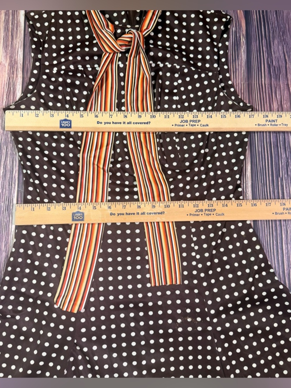 Women’s Vintage 60s Brown & Cream Polk Dot A-Line Mod Shift Dress w/ Scarf M - Picture 8 of 10